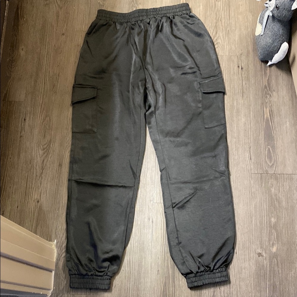 Forever 21 black satin cargo joggers